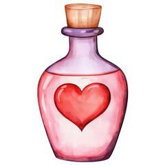 A romantic potion bottle with a heart design, symbolizing love and affection, set against a transparent background.