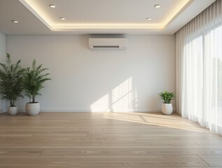 Obraz premium Minimalist Bright Living Room Interior with Hardwood Floor and Air Conditioner