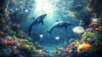 Fototapeta premium Two dolphins gracefully swim through a vibrant coral reef illuminated by sunlight in a tranquil underwater paradise