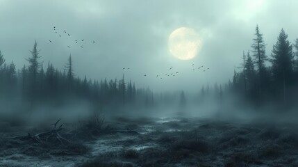 gloomy landscape enveloped in mist, birds flying in the foggy sky above a forest of dead trees, illuminated by eerie moonlight, creating an atmosphere of haunting beauty and suspense