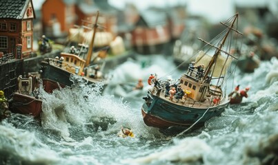 Obraz premium Model boats sail in a miniature stormy sea.