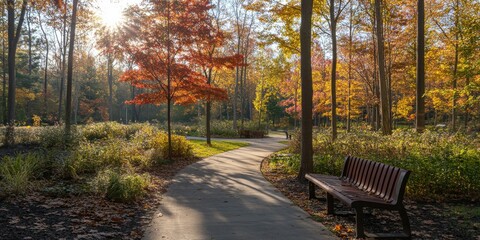 A peaceful path through the park, with benches along the way. The trees are ablaze with fall colors, and the sun shines warmly.