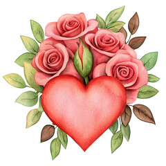 A vibrant illustration of a red heart surrounded by delicate pink roses and green leaves on a transparent background.