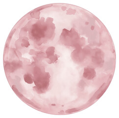 Artistic depiction of a soft pink full moon with delicate watercolor textures isolated on transparent background.