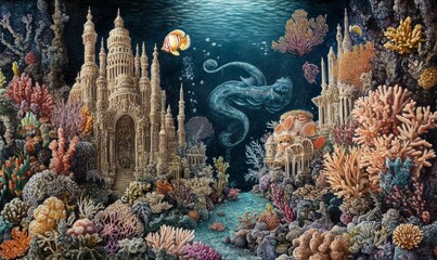 Fototapeta premium Underwater city with coral and fish.
