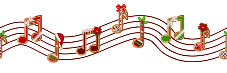 christmas seamless border with gingerbread musical notes. seamless musical pentagram with musical notes shaped cookies