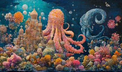 Obraz premium Underwater cityscape with coral and octopuses.
