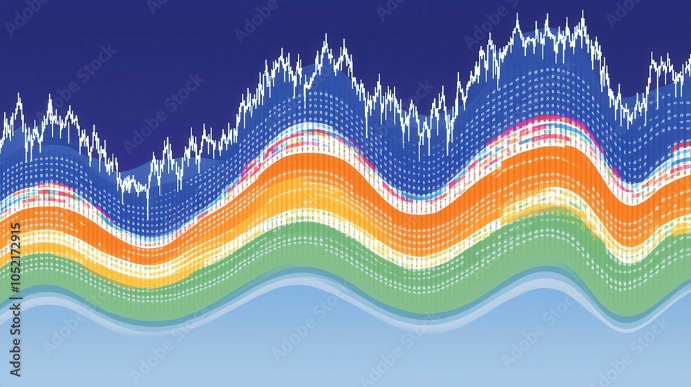 Poster an abstract representation of colorful waveforms, symbolizing data trends and fluctuations in a vibr