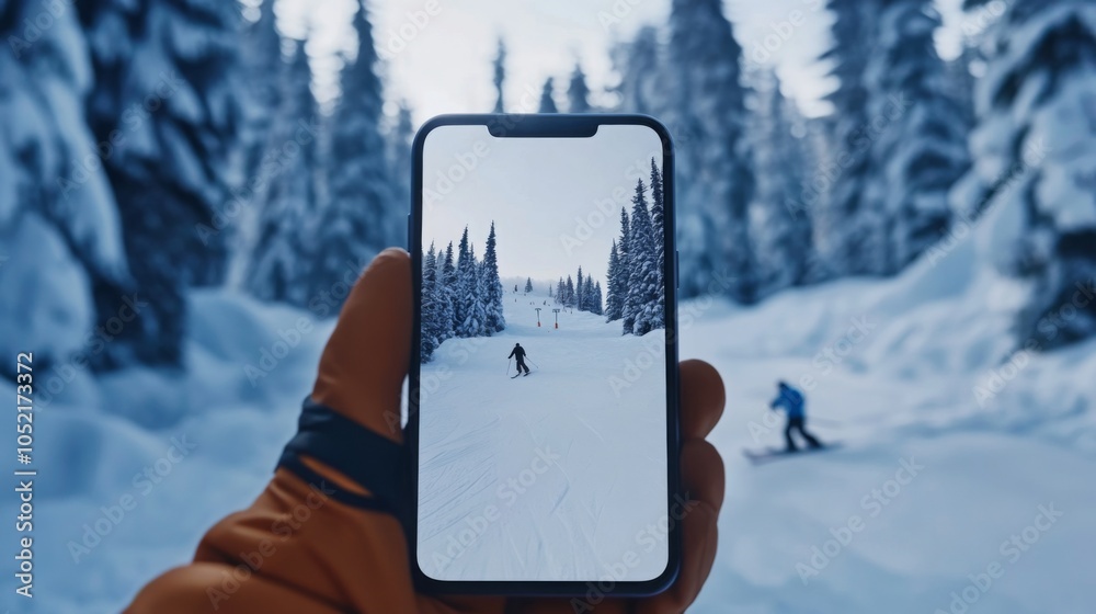 Poster in a winter wonderland, someone showcases a smartphone displaying a skier navigating a snowy trail.