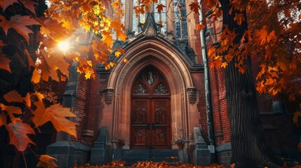 Vibrant autumn foliage surrounding a historic church entrance, midday sunlight accentuating architectural details, inviting warmth and seasonal beauty.