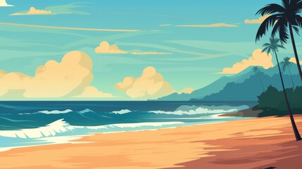 Obraz premium Scenic Tropical Beach with Blue Ocean and Mountains, Ideal for Summer Vacation Wallpaper