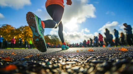Athlete stretching before a marathon race start. Pre-race warm-up routine for competitive running.