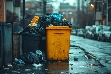 Full garbage bin and black plastic trash bags around. Overflowing recycling container with trash