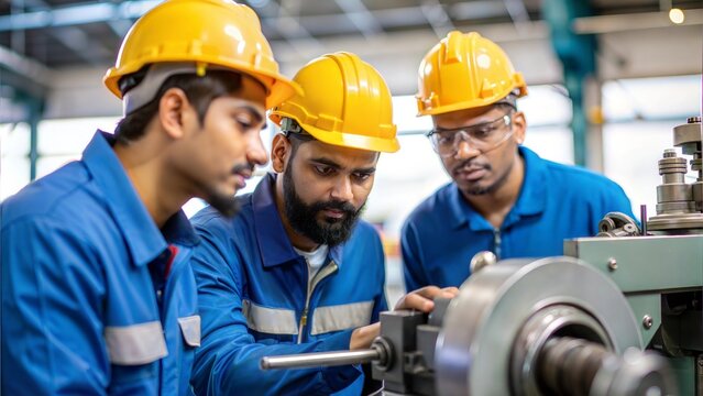 Indian Machine Maintenance Crew - A team of workers performing maintenance on industrial machinery.

