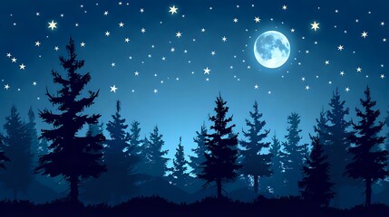 Naklejka premium A serene night scene featuring a full moon and twinkling stars above a forest silhouette.