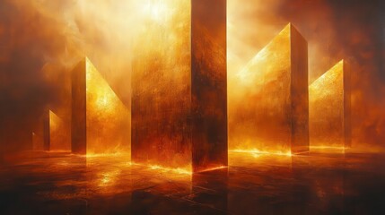 Fototapeta premium golden rays of light filtering through complex geometric shapes, creating an ethereal glow and a sense of wonder, invoking a feeling of serenity and beauty in abstraction