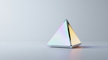 Iridescent glass pyramid on a neutral background.