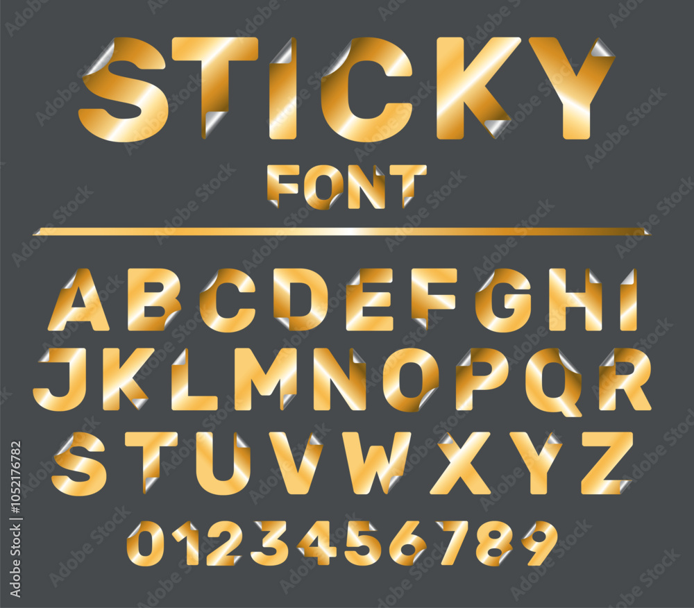 Fototapete golden font with curved corners. foil sticker alphabet. shiny rounded adhesive letters and numbers. 