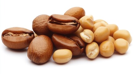 A pile of roasted coffee beans and soybeans, showcasing their textures and colors.