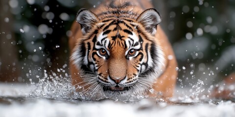 Obraz premium Siberian Tiger Running Through Water Splashing Close Up Face Wildlife Photography