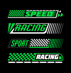 Race car sport. Formula speed sport icon. Stripe decal pattern. Auto rally. Bike racing check badge. Transport motor. Green ribbon border. Checkered automobile decoration. Vector design signs set © Natalia