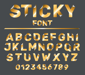 Golden font with curved corners. Foil sticker alphabet. Shiny rounded adhesive letters and numbers. Peeling ABC. Paper uppercase symbols with metal effect. Vector alphabetical icons set