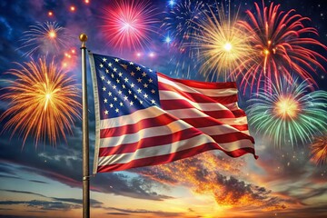 USA Flag Fireworks 4th of July Celebration with Starry Night Sky Banner Design