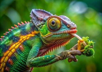 Veiled Chameleon with Larva on Head - Unique Insect Photography for Nature Lovers
