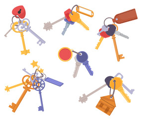 Door keys bunches. Cartoon keyrings with keychains. Real estate property entrance unlocking accessories. Vintage and modern designs. Steel openers bundle. Vector isolated latchkeys set