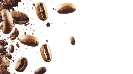 Obraz premium Coffee beans and ground coffee scattered against a white background.