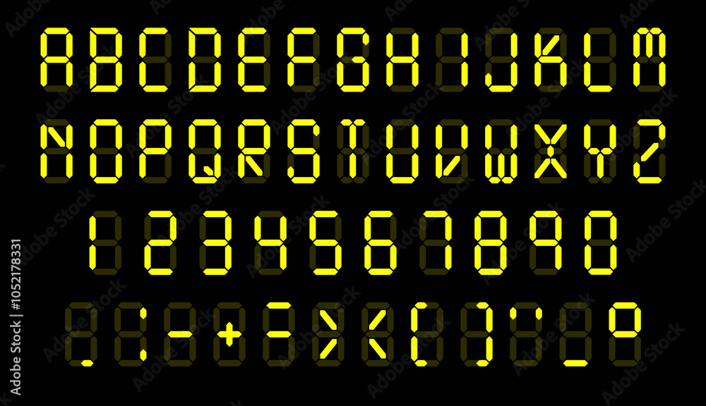Fototapete digital fluorescent font. display letters, numbers and punctuation marks. electronic glowing alphabe