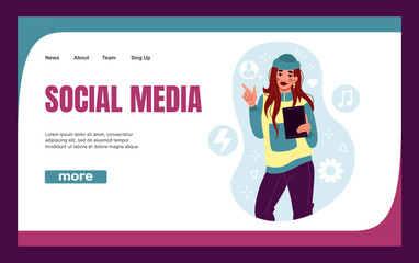 Social media people. Internet blog landing page. Digital content. Website template design. Online messenger technology. Blogger woman with smartphone. Users chat. Creative blogging. Vector background