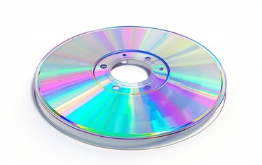 Fototapeta premium Reflective holographic CD isolated on white background. Y2K millenium 2000s era, retro futurism, nostalgic past, reminiscence, yearning, surrealism, optical illusion, hologram, unreal, ethereal.