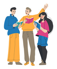 People read book. Friends student reading. Men and woman hold textbook, teenage standing character. Education and knowledge. Bookstore and library. Vector cartoon flat style isolated illustration