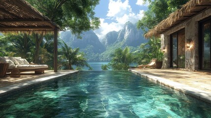 Fototapeta premium Serene poolside view with mountains and lush greenery.