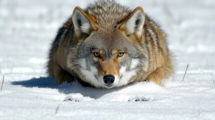 Obraz premium A coyote in the snow with its head low to the ground, looking intently at the camera.