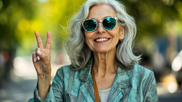 A woman with gray hair and sunglasses makes a peace sign with her hand while smiling