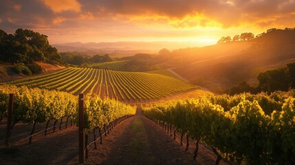 Picturesque vineyard at sunset with rows of grapevines illuminated by warm golden light in a serene rolling landscape