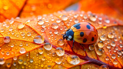 Close-up of ladybug on a vibrant orange leaf covered in morning dew during fall.