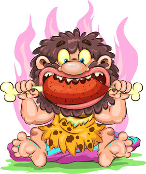 recommend clip art: Cartoon Hungry Caveman. A funny illustration of a caveman eating a piece of meat on a bone. Children's bright illustration.