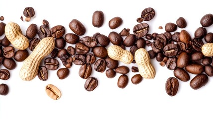 Obraz premium A mix of peanuts and coffee beans arranged on a white background.