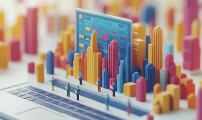 Obraz premium Tiny people running a presentation on a giant open laptop, with charts and figures towering above