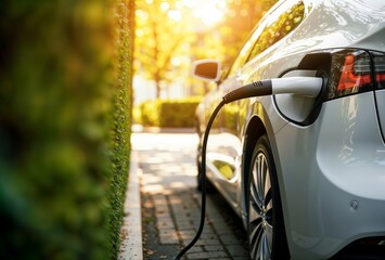 Electric Car Charging. A white electric car is charging on a street. The car is plugged into a charging station and the cable is visible.