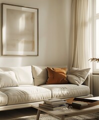 Fototapeta premium Frame mock up on Living Room, Minimalist Corner with Soft Shadows and Artistic Decor- Generative Ai