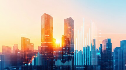 Fototapeta premium Stunning city skyline at sunset, showcasing modern architecture and vibrant colors, representing growth and innovation.