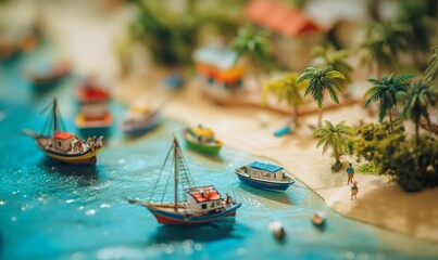 Obraz premium Toy boats and palm trees on a sandy beach.