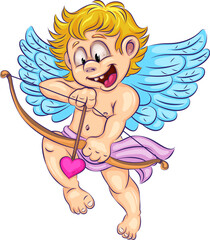 Cute cartoon cupid. Cute colorful illustration of cartoon Cupid shooting a bow with hearts. Unique design, Valentine's Day.