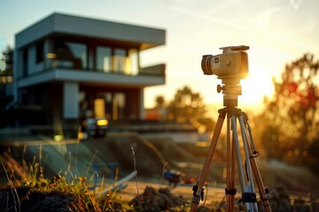 Golden Hour Photography. A camera on a tripod is set up outdoors with a modern house in the background, bathed in warm sunset light.