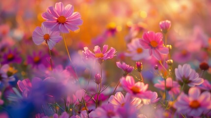 Cosmos flower field sunset. Serene sunset over a vibrant cosmos field; symbolizes peace, beauty, and tranquility.