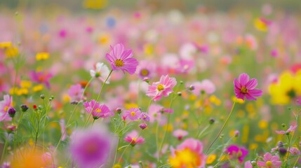 Naklejka premium Blooming cosmos flower field. Vibrant cosmos flowers paint a picturesque scene, symbolizing beauty, tranquility, and the joys of spring.